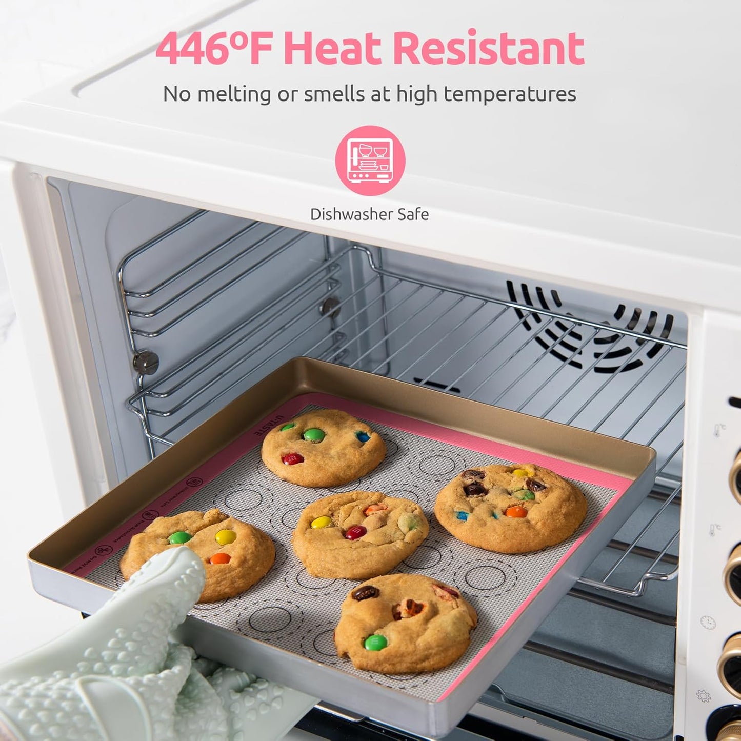 446ºF Heat Resistant Macaron Mat: U-Taste 11x11in Non Stick Silicone Baking Mat, Reusable Cookies Pastry Sheet Liner with Edge Enhancement & Circle Measurement for Square Cake Pan (2 PCS, Pink)