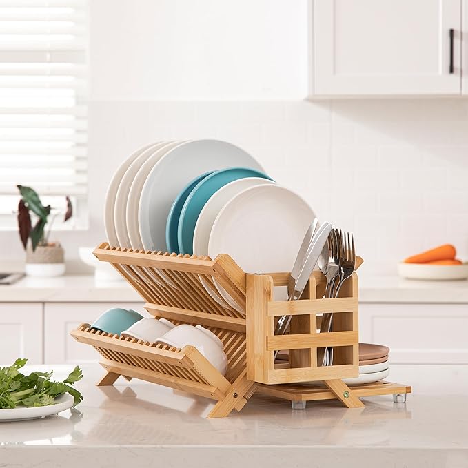 HBlife Bamboo Dish Drying Rack with Utensil Holder, 3-Tier Large Collapsible Wooden Dish Drainer Rack, Folding Drying Holder Dish Drainer for Kitchen Counter