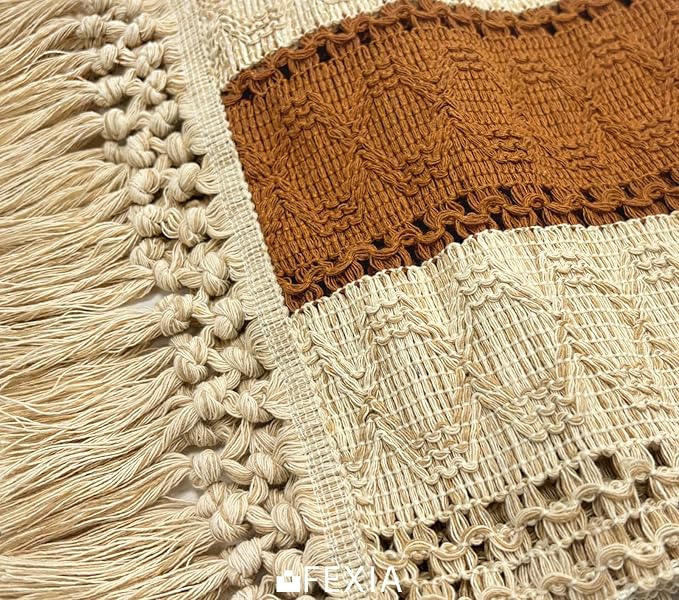 FEXIA Boho Table Runner for Home Decor with Tassels 108 Inches Long,Caramel Farmhouse Rustic Table Runner Macrame Burlap Table Decoration for Living Room Bridal Shower(12x108 Inches)