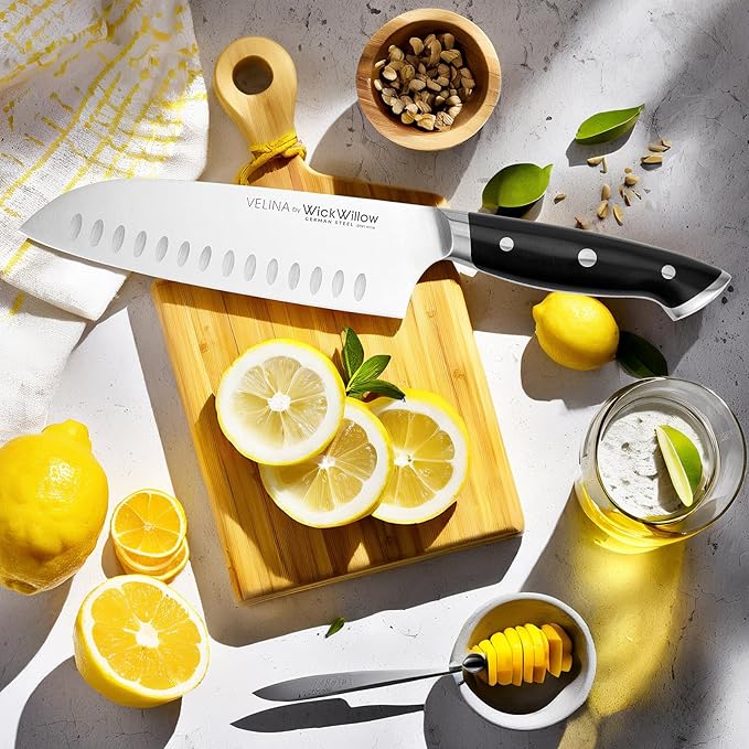WICKWILLOW 7 Inch Santoku Knife – Razor Sharp German Steel – 7 Inch Kitchen Knife for Slicing, Dicing & Mincing – Hollow Edge & Full Tang – Gift Box – Velina Series