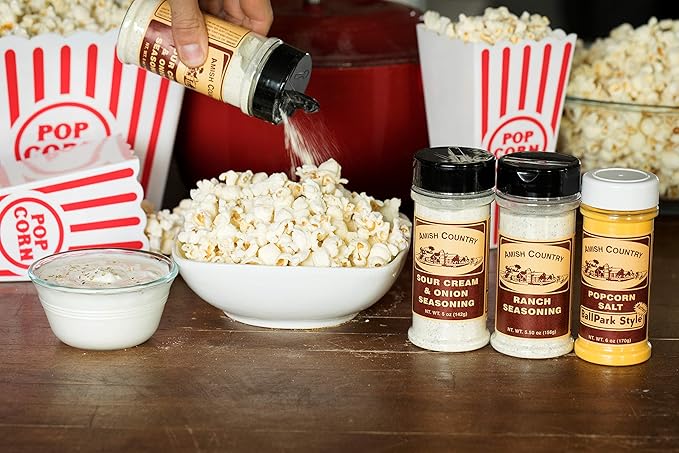 Amish Country Popcorn | Seasoning Variety Pack | Ballpark Style ButterSalt - 5.5 oz, Ranch - 5.5 oz & Sour Cream and Onion - 4.7 oz Popcorn Seasoning | Old Fashioned, Non-GMO