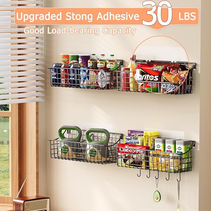 4 Pack EXTRA LARGE Hanging Wall Mount Storage Baskets With Divider, Metal Wire Basket With 4 Strong Adhesive Hooks +5 S Hooks,Organizing Wall Shelf for Home Kitchen Bathroom Pantry Garage RV, Black