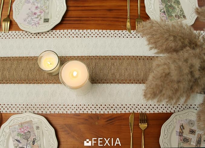 FEXIA Boho Table Runner for Thanksgiving Fall Christmas Home Decor with Tassels 72 Inches Long Pottery barn Furniture Farmhouse Rustic Macrame Burlap Table Decoration for Living Room (12x72 Inches)