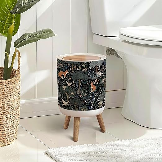 Trash Can with Lid Whimsical Woodland Animals Foxes Rabbits Forest Press Top Round Small Garbage Bin with Wooden Legs Waste Basket for Kitchen Bedroom Nursery 7L/1.8 Gallon
