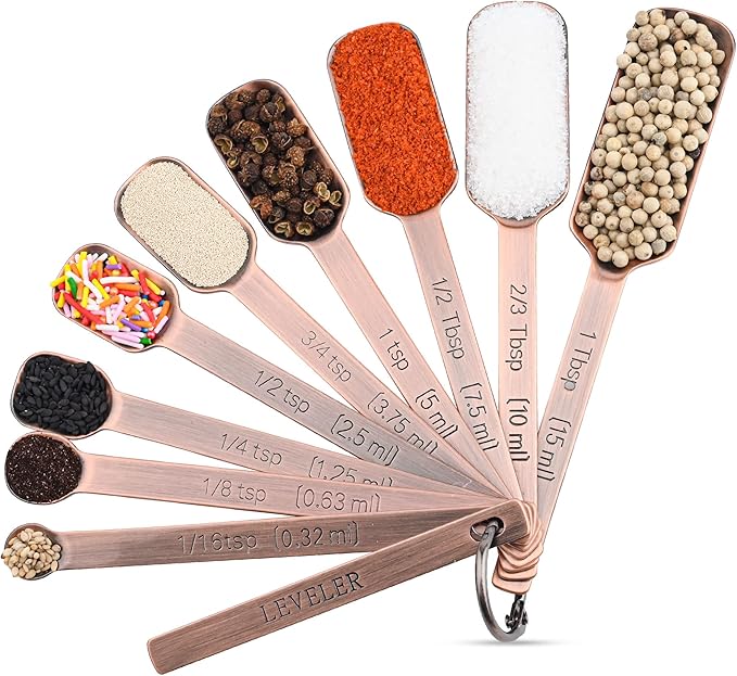 Copper Plated Measuring Cups and Spoons Set, Stainless Steel Measuring Cups and Spoons Set, 7 Kitchen Measure Cup, 9 Spice Measure Spoons, US&Metric Measuring Tools for Baking