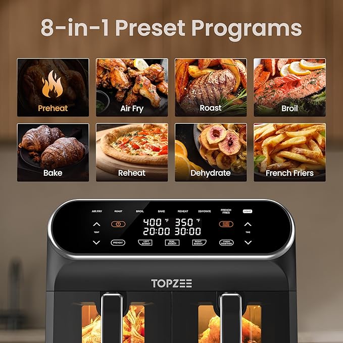 TOPZEE 8 Quart Large Air Fryer - Dual Basket Airfryer with Easy View Windows, Preheat, Air Fry, Roast, Broil, Bake, Dehydrate, 2 Independent 4 QT Nonstick Dishwasher Safe Baskets, Black