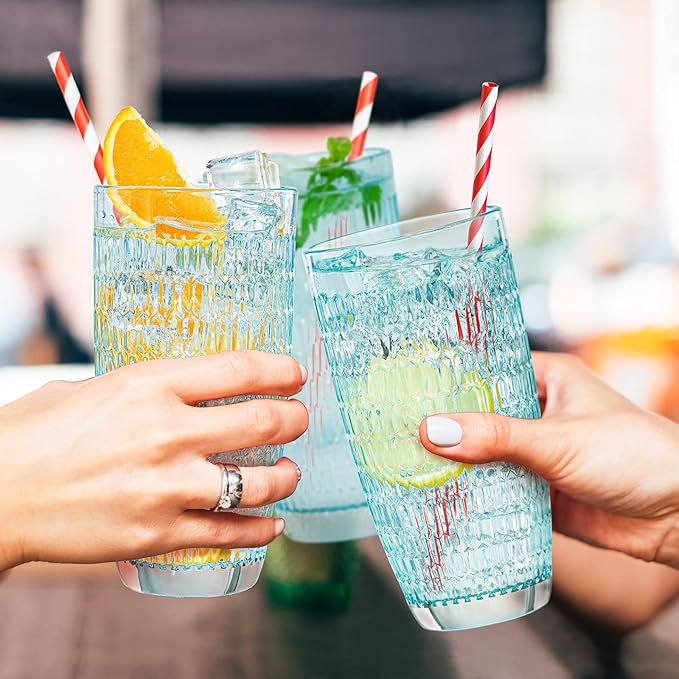 CREATIVELAND Highball Beverage Glasses Set of 6 TURQUOISE Colored Thick & Heavy Base Big Capacity 14.87oz|440ml, Drinking Glass Tumbler for Iced Tea, Water, Soda & Juice and Cocktails etc