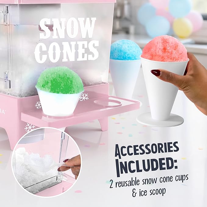 Nostalgia Snow Cone Shaved Ice Machine - Retro Table-Top Slushie Machine Makes 20 Icy Treats - Includes 2 Reusable Plastic Cups & Ice Scoop - Pink