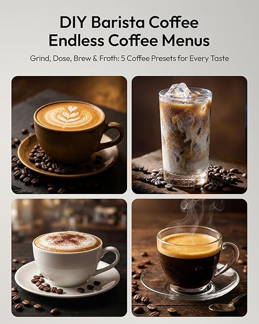 EUHOMY Fully Automatic Espresso Machine, 20 Bar Coffee Maker with Grinder and Integrated Milk Frother, Automatic Espresso Machine with Touch Screen, 15-Grind Settings Coffee Machine for Home, Silver