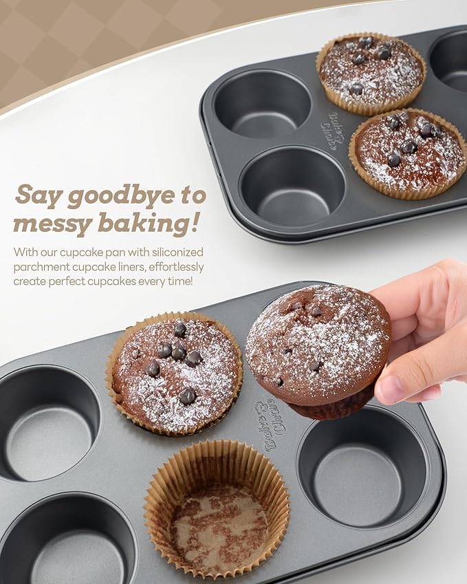 Bake Choice 2 Pack Jumbo Muffin Pan for Baking, Extra Large Cupcake Pan includes 50 Natural Jumbo Cupcake Liners, Muffin Tin Nonstick 6 Cup, Baking Pans Set, Carbon Steel Baking Supplies