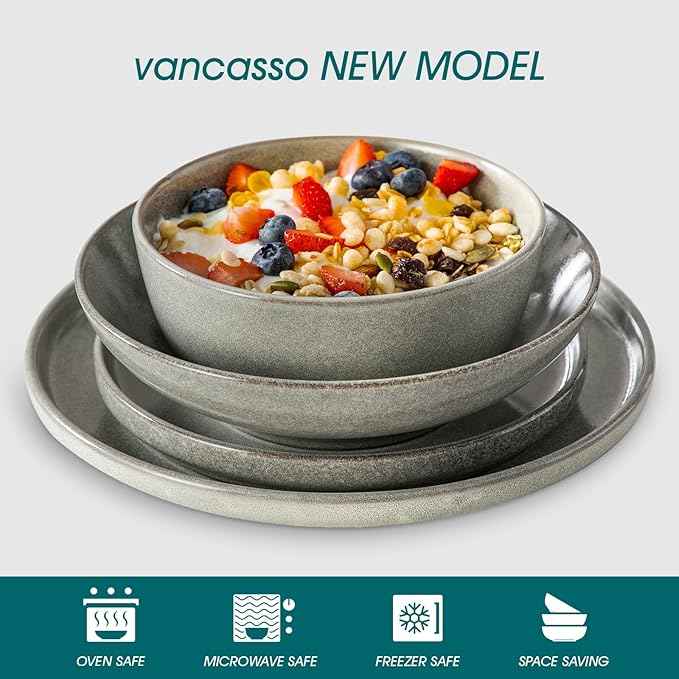 vancasso ANYA 24 Pieces Plates and Bowls Set, Stone Grey Dinnerware Sets, Reactive Glaze Dishes Set for 6, Ceramic Dishware Sets Kitchen Dinner Set, Microwave & Dishwasher Safe