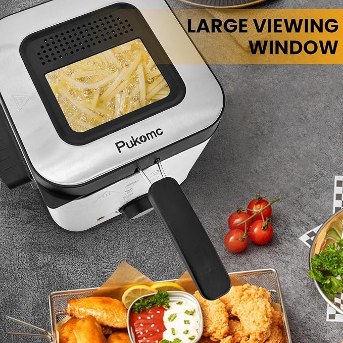 PUKOMC Electric Deep Fryer, 1.5 Liters/1.6 Qt. Oil Capacity, Small Deep Fryer with Basket for Home Use, Cool Touch Sides Easy to Clean, Nonstick Basket