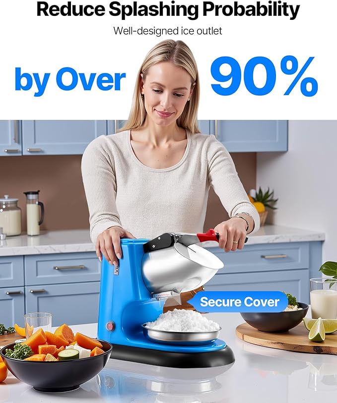 VEVOR Ice Crusher Machine, 220lbs Per Hour Electric 4 Blades Snow Cone Maker, Stainless Steel Shaved Ice Machine with Bowl and Cover, 300W 1400RPM Ice-Shaver for Home and Commercial Use, Blue