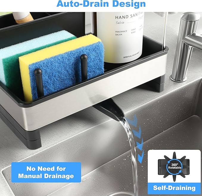 Kitchen Sink Caddy Organizer, Stainless Steel Sponge Holder, Kitchen Caddy Sink Organizer with Dish Brush Holder and Dishcloth Rack, Rustproof Dish Sponge Drying Rack for Countertop Storage