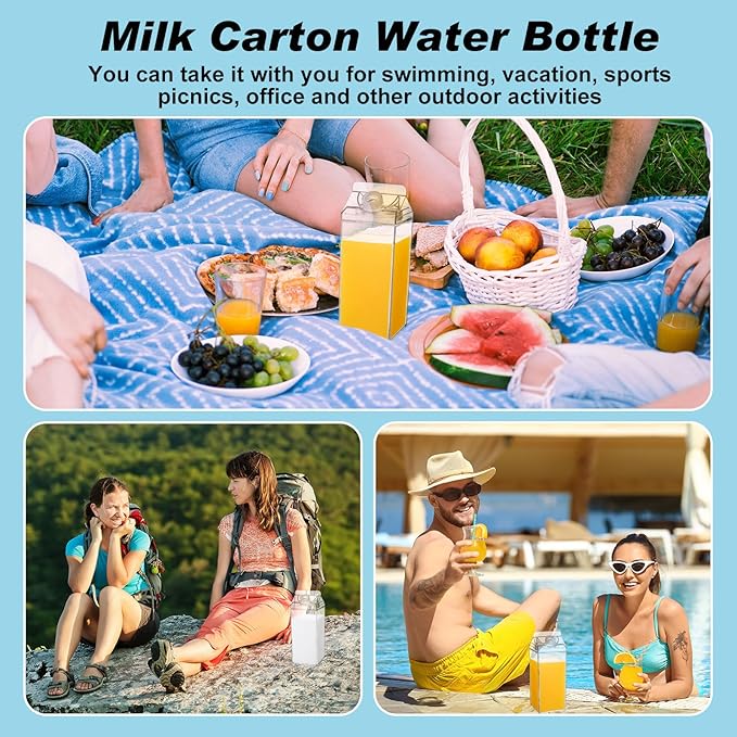 4 Pack 64 oz Large Milk Carton Water Bottle with Cleaning Brush Clear Plastic Milk Bottle Portable Leakproof Juice Container Reusable for Refrigerator for Outdoor Climbing Tour or Camping