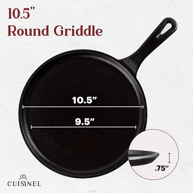 Cast Iron Round Griddle - 10.5”-Inch Crepe Maker Pan + Silicone Handle Cover - Pre-Seasoned Comal for Tortillas Flat Skillet - Dosa Tawa Roti Grill - Oven, Stovetop, Induction Safe. PFAS and PFOA-free