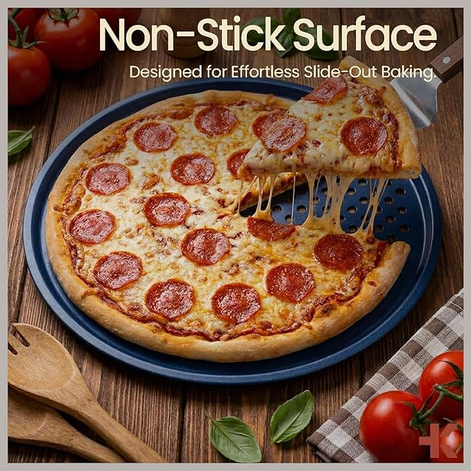 Bakken Pizza Baking Pan - Round Perforated Carbon Steel Pan with Non-Stick Marble Coating, Oversized Silicone Handle, Dishwasher Safe, High-Temperature Resistant, Durable & Easy Cleanup - Blue, 2 Pack