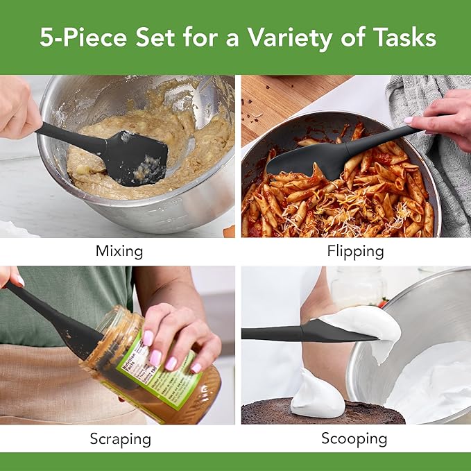 Tovolo Flex Core 5 Piece Silicone Spatula Set Heat Resistant All Silicone Utensils Include Non Stick Spatula Spoonula Jar Scraper, Dishwasher Safe BPA Free Spatulas for Baking Mixing, Black