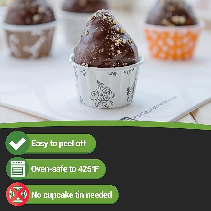 Restaurantware Panificio 1.6 Ounce Baking Cups 200 Pleated Cupcake Liners - Oven-Ready Freezable Black And White Paper Muffin Cases Disposable Vintage Floral For Wedding Parties Baby Showers