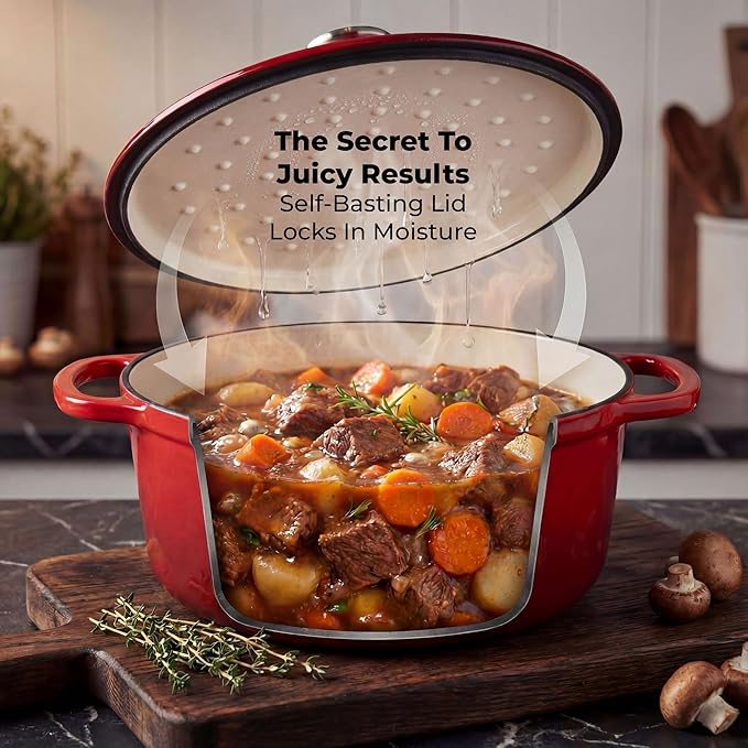 Zulay Kitchen 6.4 Quart Enameled Cast Iron Dutch Oven Pot with Lid – Premium Durability & Oven Safe up to 500°F – Heavy Duty Cookware Perfect for Bread Baking, Stews, Braising & Roasting - Ablaze Red