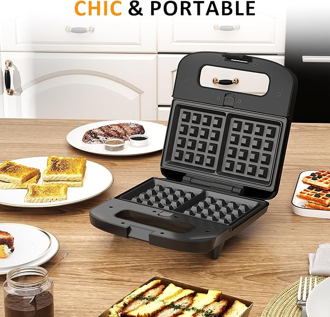 3 in 1 Waffle, Grill & Sandwich Maker, Sandwich Maker Panini Press Waffle Iron Set with Removable Non-Stick Plates & Indicator Lights, Panini Press Grill for Breakfast, 800W, Black