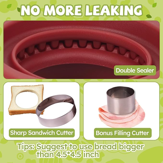 LEPCY Uncrustables Sandwich Maker Sealer Cutter, Crustless Sandwich Cutter, PB&J Uncrustable Maker - Color Dark Red, Round Shape
