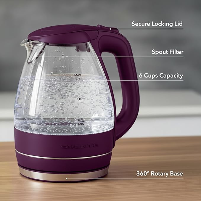 OVENTE Electric Kettle, 1.5L Borosilicate Glass Countertop Water Heater and Boiler for Coffee or Tea, BPA-Free, Auto Shut-Off, Boil-Dry Protection, Removable and Washable Spout Filter, Purple KG83P