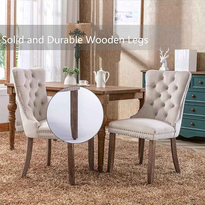 Beige Velvet Dining Chairs Set of 4, Upholstered Dining Room Chairs with Back Ring Pull Trim and Solid Wood Legs, Tufted Wingback Kitchen Chairs for Dining Room,Living Room,Kitchen(Beige)