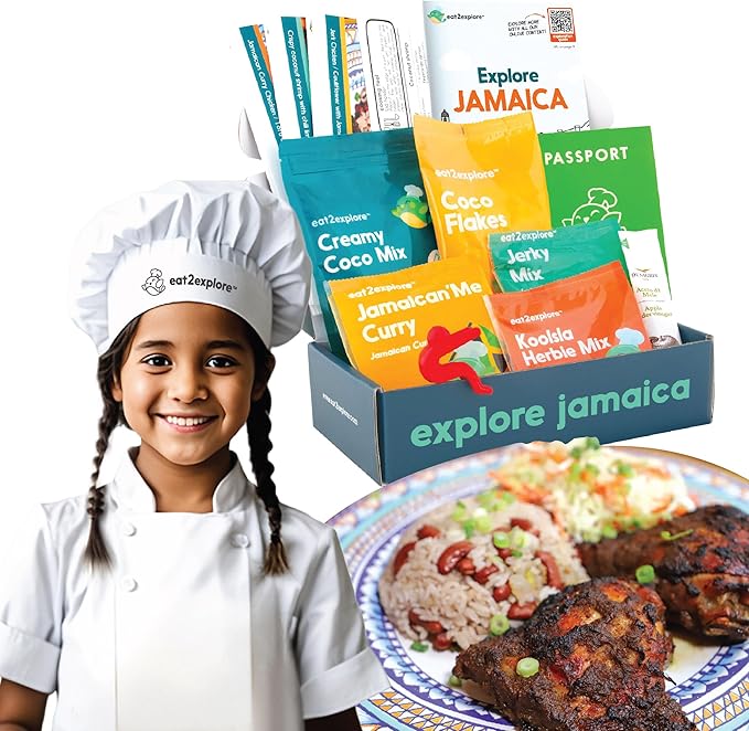 eat2explore Cooking Kits for Kids 15 Pcs – Interactive & Educational Kids Cooking Sets Real for Ages 5 and Up,3 Recipe Cards & Global Ingredients – Fun for Young Chefs (Jamaica Edition)
