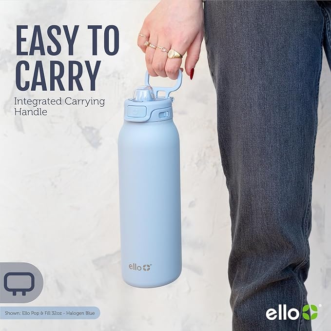 Ello Pop & Fill 32oz Stainless Steel Water Bottle with Quick Fill Technology, Double Walled and Vacuum Insulated Metal, Leak Proof Locking Lid, Sip and Chug, Reusable, BPA Free, Sunset Meadow