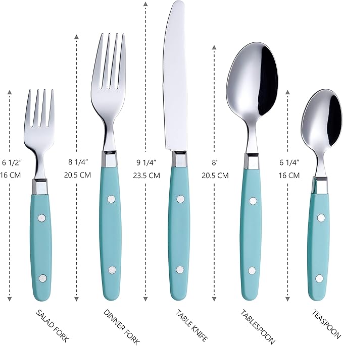 ANNOVA Silverware Set, Retro/Rivet Colorful Stainless Steel Tableware Kitchen Flatware Set Utensils, Includes Dinner Knives, Forks, Spoons, Salad Forks & Dessert Spoons (Turquoise, 20 Pieces)