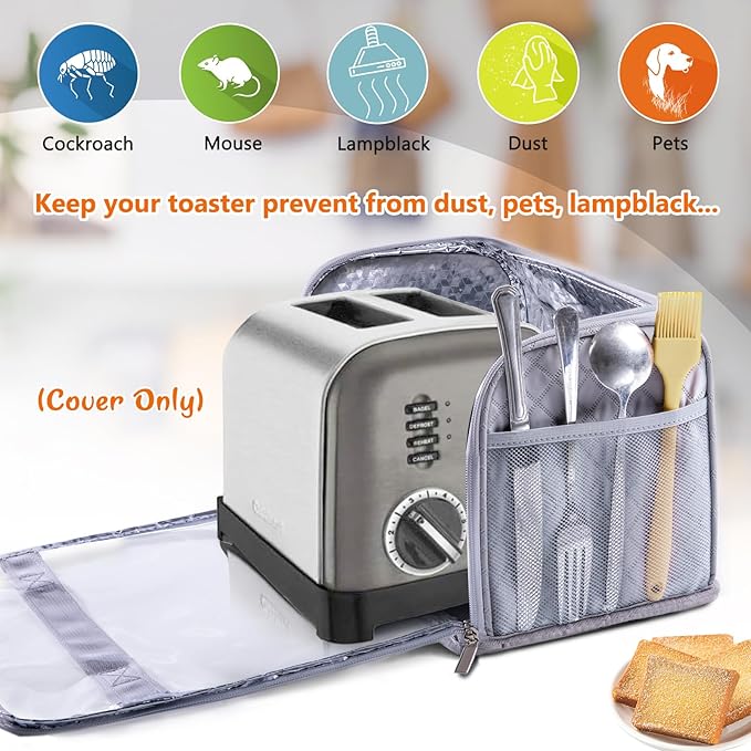 BAGSPRITE Toaster Cover for 2 Slice Wide Slot, Full Open Dust Covers for Kitchen Appliances Compatible with Cuisinart, BELLA, Black and Decker 2 Slices, Toaster Bags with Zipper Closure (Cover Only)
