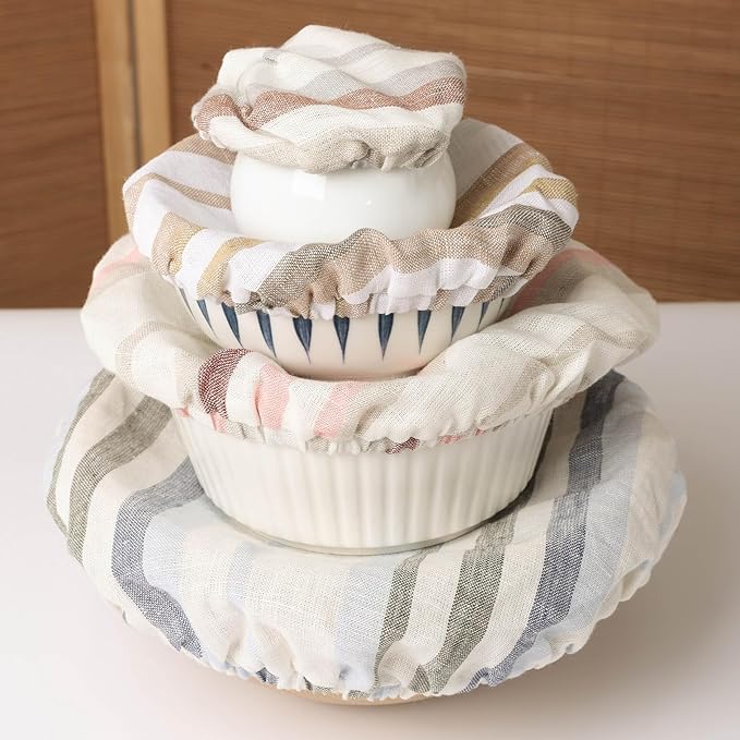 100% Linen Bowl Covers Reusable For Bread Proofing, 4 Pcs Elastic Cloth Fabric Colorful Stripe Bowl Covers, 5.9*7.9*9.8*11.8 Inches, Colorful 3