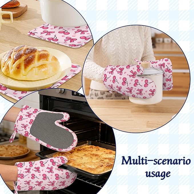 Cute Bows Cherry Oven Mitts and Pot Holders Sets of 4 Pink Love Heart Heat Resistant Silicone Oven Mits Gloves Non-Slip Kitchen Mittens Potholders for Cooking Baking Grilling BBQ