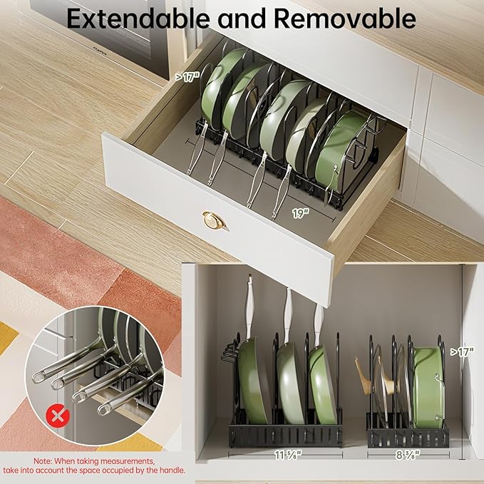 MUDEELA Pots and Pans Organizer Rack under Cabinet 8-Tiers Adjustable Pot Rack with 3 DIY Methods, Expandable 11.65'' to 19" Pot Lid Organizer for Kitchen Pantry Cabinet Organization and Storage
