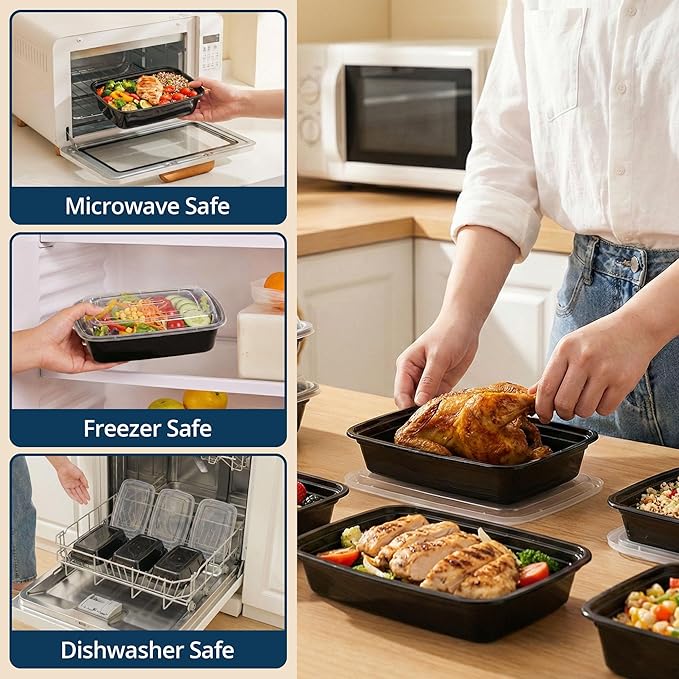 Tiya Meal Prep Containers with Lids - 150 Pack 12 oz BPA-Free Plastic Food Storage Containers Leak-Proof, Microwave, Dishwasher & Freezer Safe Reusable To-Go Boxes for Portion Control & Catering
