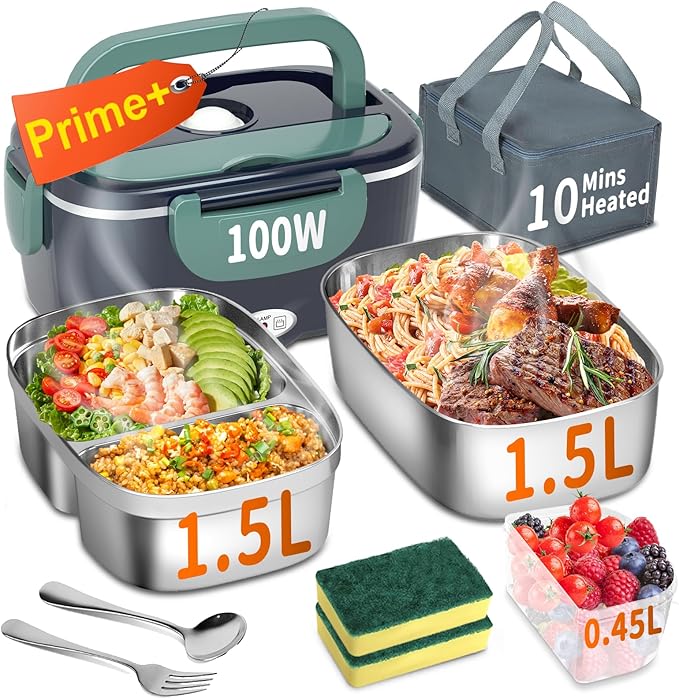 Electric Heated Lunch Box for Adults with 2 Pack 1.5L Containers, Portable 100W 3-IN-1 Fast Heated Lunch Box for Men, Portable Heating Food Warmer,12V/24V/110V for Car Truck Office Home Travel
