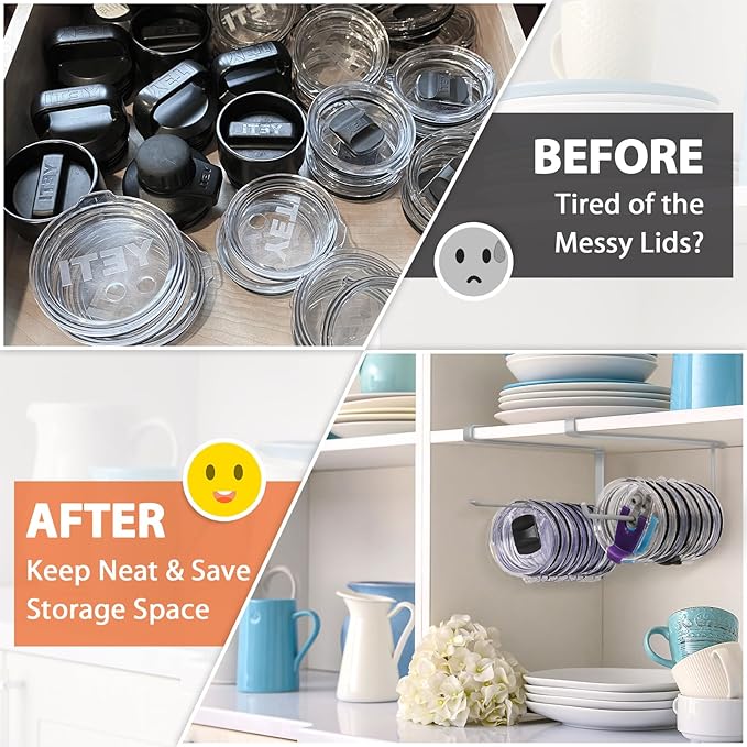2 Pack Tumbler Lid Organizer, Horizontal Tumbler Lid Storage Hook Up to 20 Lids, Space Saving Cup Lid Holder Under Cabinet Tumbler Lid Hook for Kitchen Organizer, Paper Towel Hanger(Round&Flat, Grey)