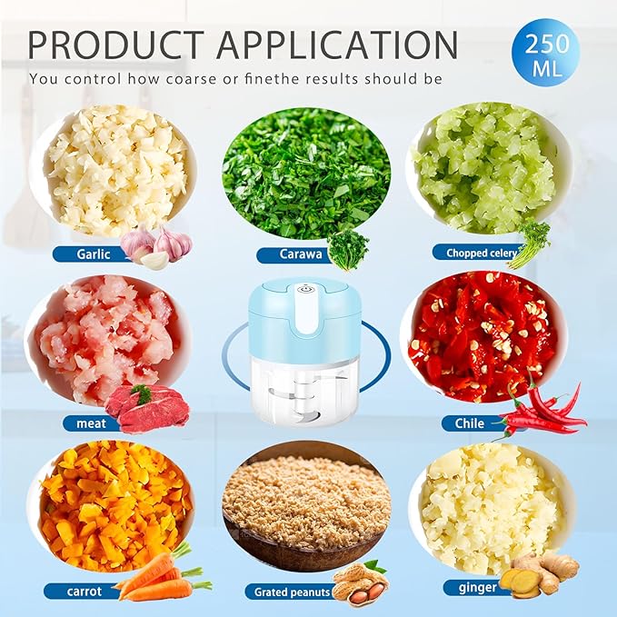 EASYSPEED Electric Garlic Chopper 1Cup, Mini USB Charging Wireless Food Processor with 304 Stainless Steel, 3 Sharp Blades, Portable Kitchen Meat Grinder for Onion, Garlic, Ginger, Baby Food