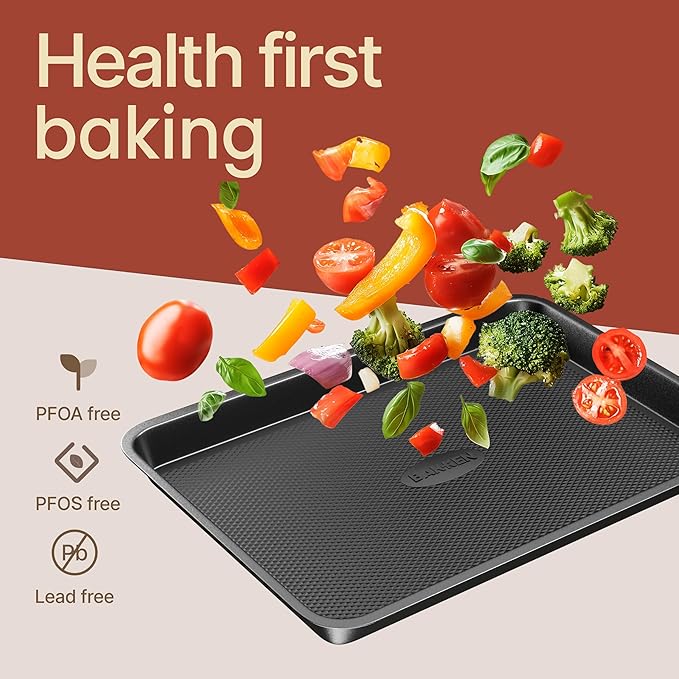 BAKKEN Kitchen Baking Pans - Small, Medium, and Large Cookie Pan (13.58×9.65, 15.75×11, 17.91×12.60), Nonstick, Diamond Texture Bottom, PFOA, PFOS, PTFE Free, Oven Safe Tray (450°F), Pack of 3, Gray
