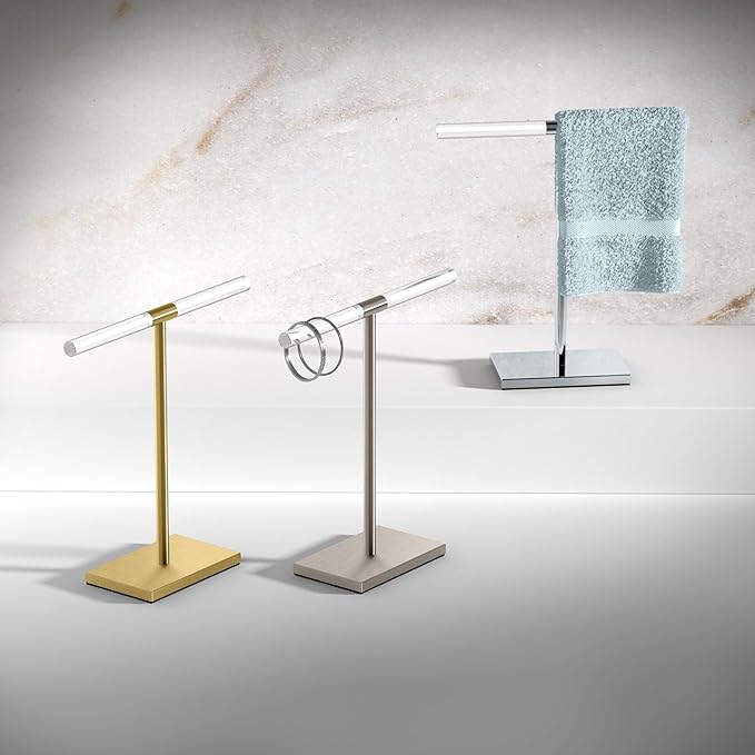 Gatco 1344SN, Modern Rectangle Base Freestanding Countertop Towel Holder, Satin Nickel/Acrylic / 10.50" W x 11.13" H T-Shape Style Countertop Hand Towel Holder for Bathroom, Kitchen Towel Rack