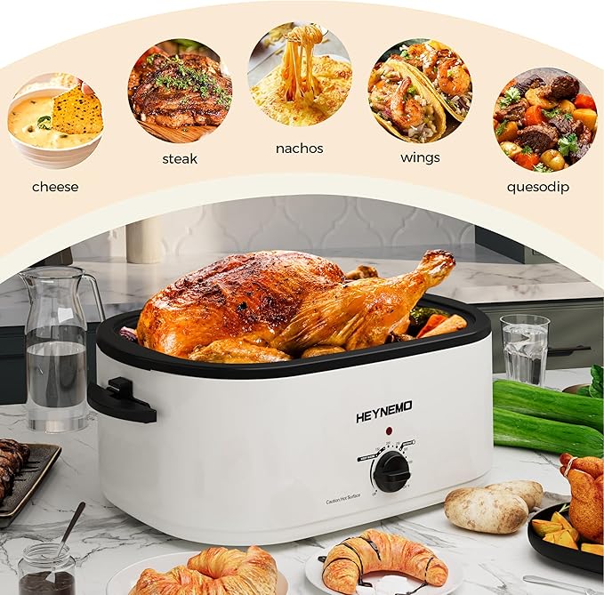 24Qt Turkey Roaster Oven Buffet with Self-Basting Lid, 1450W Electric Roaster Oven with Cool-Touch Handles, Removable Pan and Rack, Stainless Steel, White