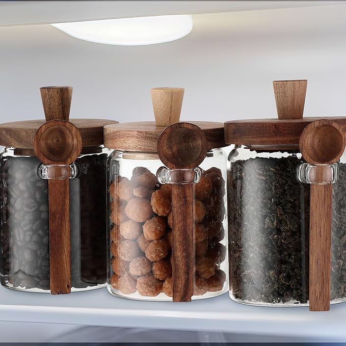 Remerry Set of 6 Glass Jar with Wooden Lid and Spoon, Clear Airtight Spice Canisters Glass Food Storage Kitchen Containers Set for Coffee Bean Tea Sugar (20 oz)