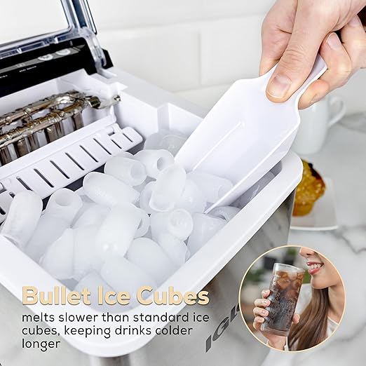 Igloo Handled Portable Ice Maker with Scoop- Ice Maker with LED Control Panel & 1 Quart Water Tank-Ice Cube Maker Produces 26 Lbs of Ice in 24 Hours with 9 Large or Small Cubes In 7 Minutes- Stainless