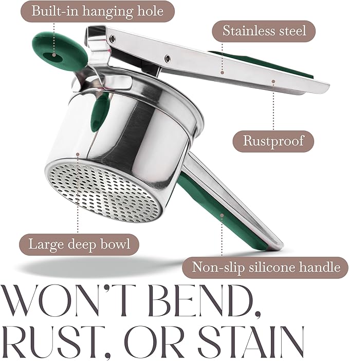 Bellemain 15 oz Large Potato Ricer | Heavy-Duty Stainless Steel Potato Ricer & Masher | Perfect for Mashed Potatoes | Ricer Kitchen Tool with Fixed Disc (Green)