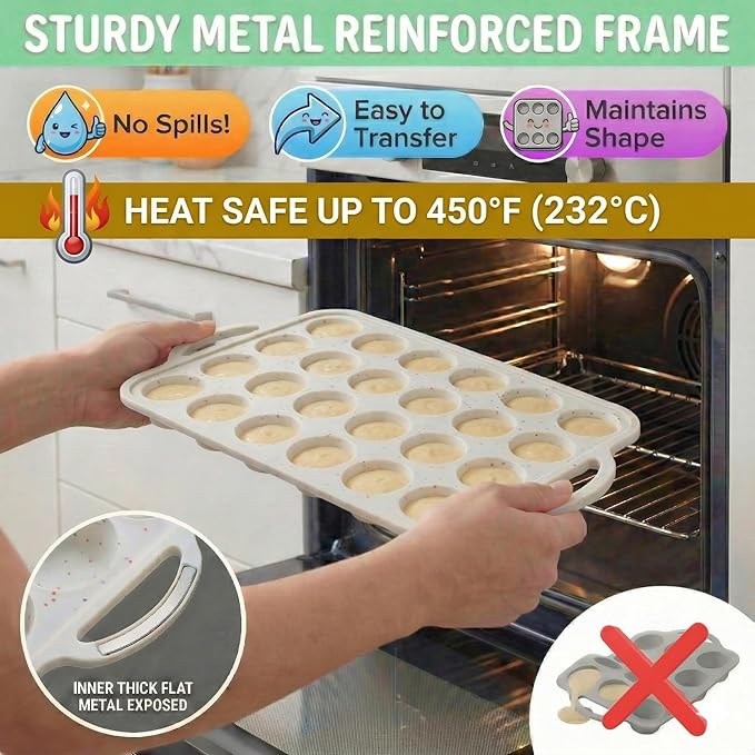 1-Pack - Silicone Mini Muffin Pan – 24-Cup, Nonstick Silicone Muffin Pans for Baking with Metal-Reinforced Handles, – BPA-Free Muffin Tin Tray for Mini Cupcakes & Snacks – Dishwasher Safe, Cream