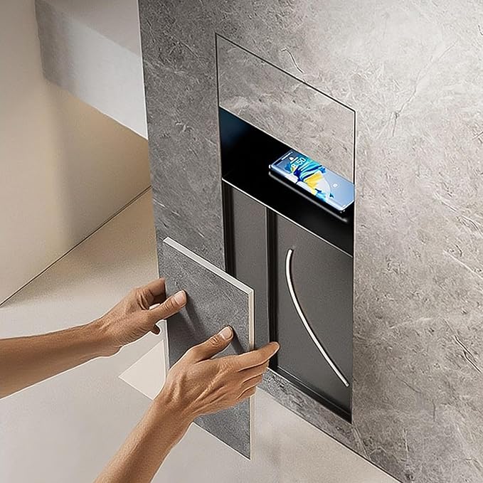 Recessed Bathroom Trash Can & Toilet Paper Holder Tile-Friendly Built-in Hidden Garbage Bin Stainless Steel Recessed Storage Cabinet Shower Nich for Toilet Bathroom Hotel,B