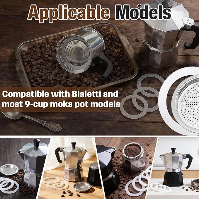 1 Set BIA640310 Espresso Machine Replacement Parts, Compatible with Bialetti Moka Express Dama 9-Cup, Includes 8 Silicone Sealing Rings And 4 Stainless Steel Filter Plates, Durable And Easy To Clean