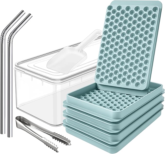 Mini Ice Cube Tray Set & Silicone Ice Cube Tray Set - 8 Trays, 2 Bins, 2 Scoops, 2 Tongs & 4 Straws
