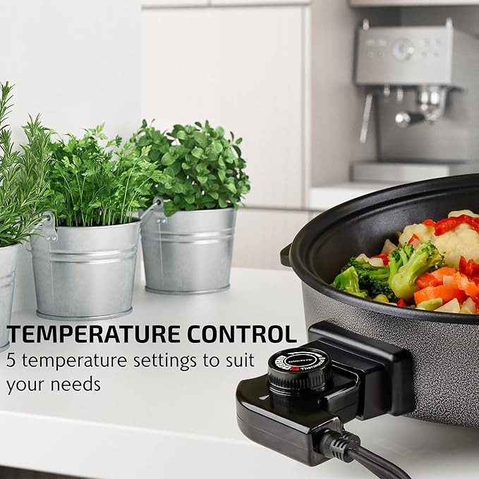 OVENTE 11.5-Inch Electric Skillet & Frying Pan, 1400W Nonstick Cooking Pan with Adjustable Temperature Control, Tempered Glass Lid with Steam Vent, Cool-Touch Handles, Easy-Clean Black SK11112B